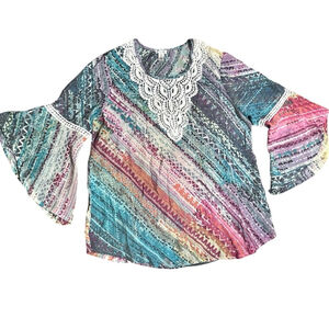Vintage Y2K Boho Multicolor Bell Sleeve Blouse Large Romantic Fairycore Artsy